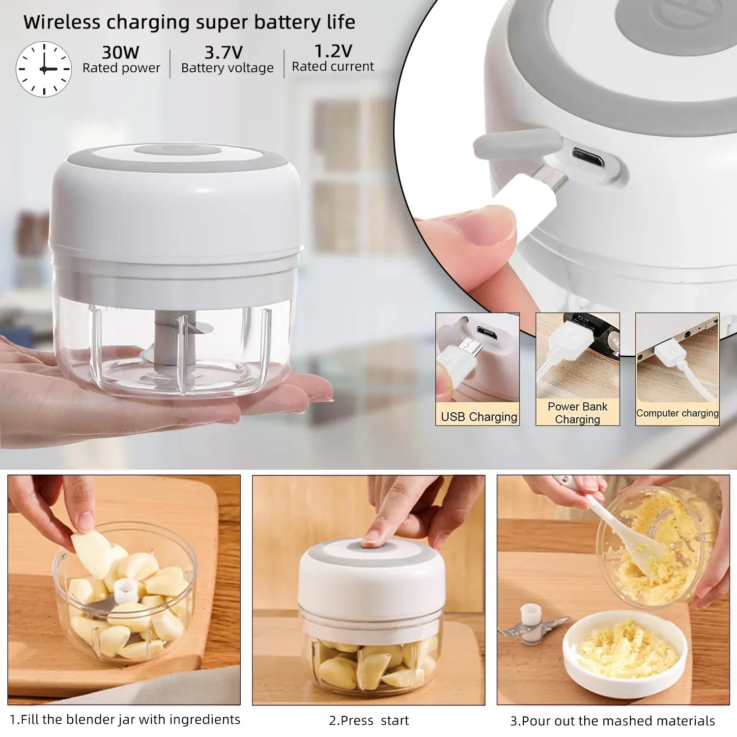 Electric Garlic Crusher Vegetable Cutter Chili  Masher Durable Garlic Chopper USB Charging Kitchen